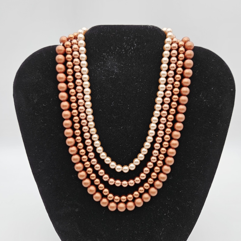 VTG 4 Strand Faux Pearl Collar Necklace Brown Copper Ombre ADJ Hook 13-16"